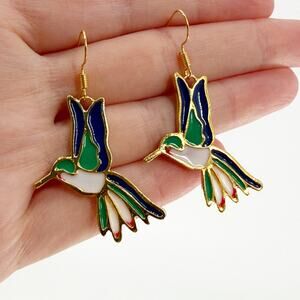 Hummingbird Earrings Colorful Gold Tone Dangle Nature Bird Cute